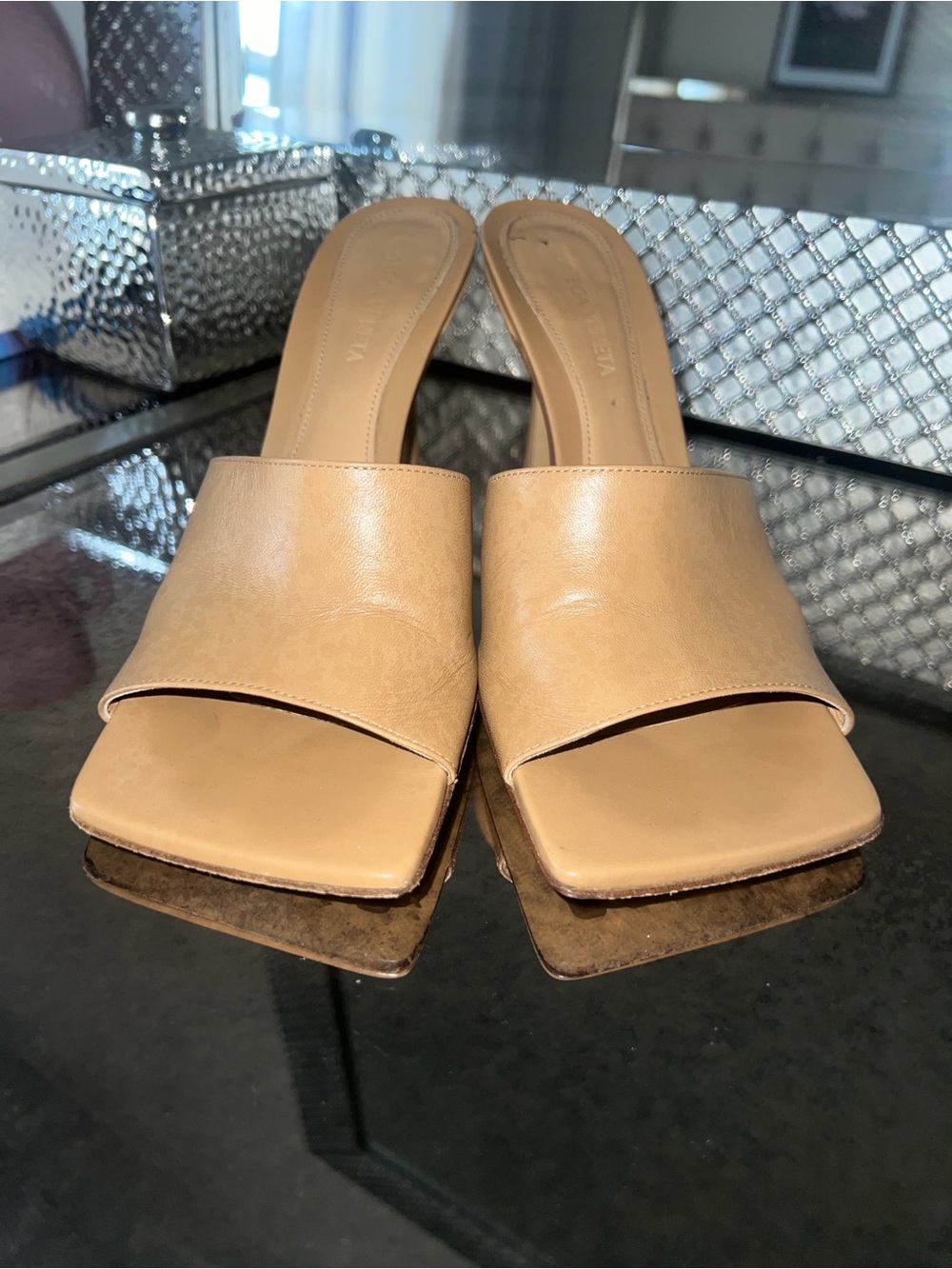 Bottega Veneta Tan Leather Open-Toe Slide Sandals